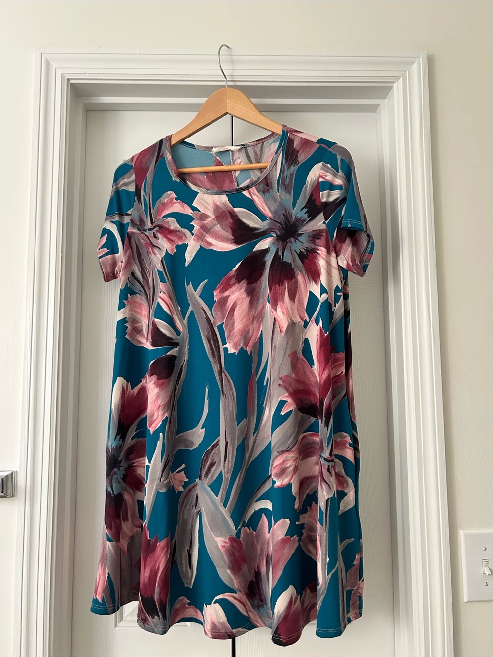 Peach Love California Teal Floral A-Line Dress with Pink Accents